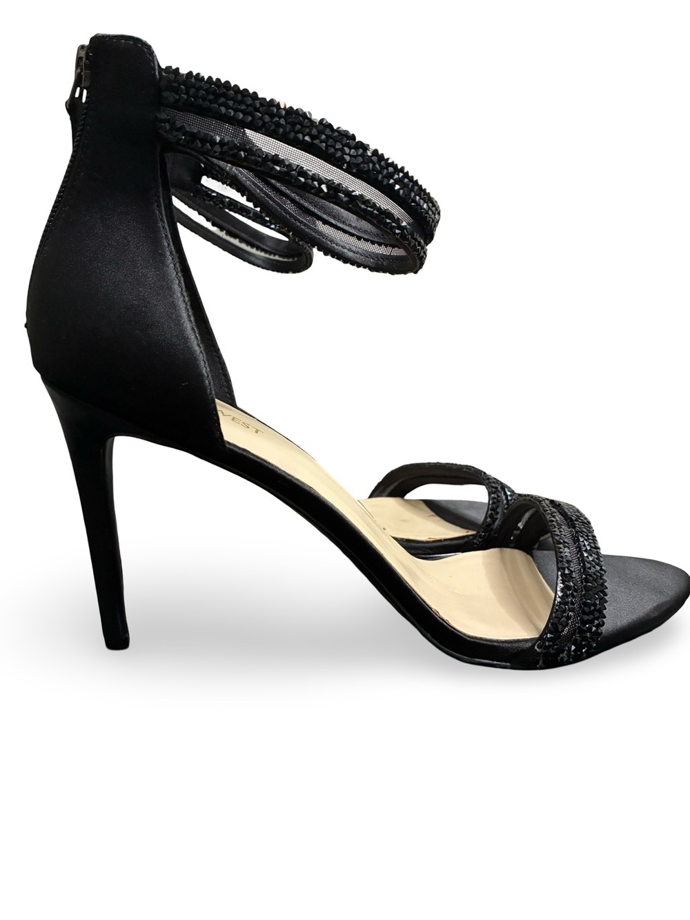 Nine West Black Beaded Ankle-Strap Stiletto Sandals